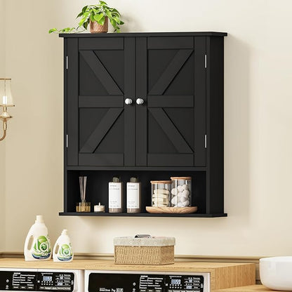 TEENFON Bathroom Wall Cabinet, Bathroom Cabinet with Barn Doors & Adjustable Shelf, Over The Toilet Storage Cabinet, Medicine Cabinet, Black UNGGX001HV1