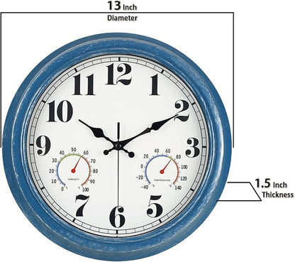 JENLYSTIME 13 Inch Outdoor Clock, Waterproof and Silent, with Thermometer and Hygrometer, Large Numbers for Easy Reading, Perfect for Home,Office,Bedroom,Kitchen,Porch,Garden,Pool(Blue)