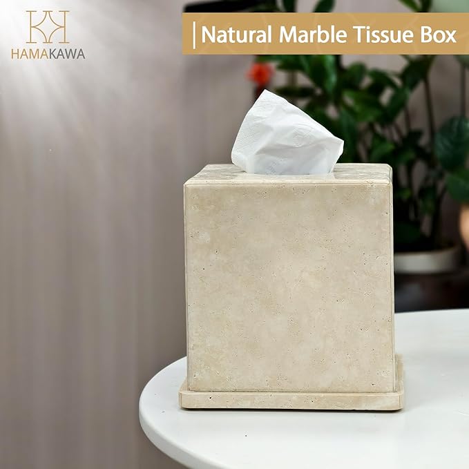 Natural Marble Tissue Box Cover, Beige Tissue Organizer 6 x 6 x 6 Inch, Heavy Stone Decorative Box, Square Tissue Box Holder for Home Decor, Kitchen, Bathroom, Bedroom