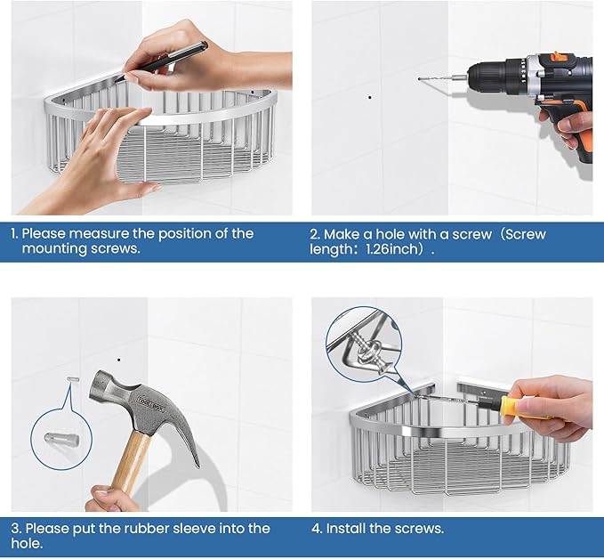 Shower Basket Brushed Stainless Shower Corner Shelf, 304 Caddy Stainless Steel Rustproof, Organizer Wall Mounted Basket(Includes Screws)