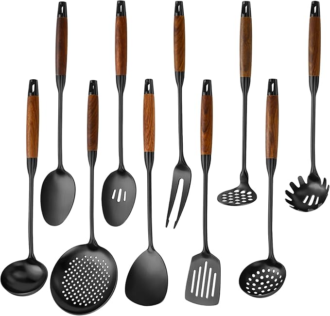 18/10 Stainless Steel Kitchen Utensils Set with Wood Handle Metal Cooking Utensils Set 10 Piece - Spatula, Spoon, Ladle, Skimmer, Slotted Turners, Pasta,Turner, Ladl, Fork