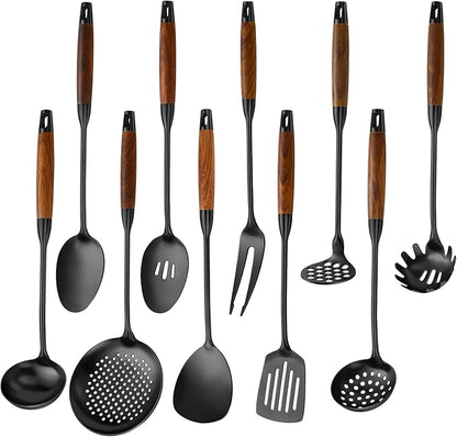 18/10 Stainless Steel Kitchen Utensils Set with Wood Handle Metal Cooking Utensils Set 10 Piece - Spatula, Spoon, Ladle, Skimmer, Slotted Turners, Pasta,Turner, Ladl, Fork