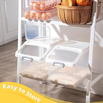 Sunnyray 4 Pcs Rice Storage Container 28 lb Airtight Flour Container with Wheels Measuring Cup Clear Pet Food Cube Dog Birds Cat Food Bin Grain Cereal Organizer Box for Dry Baking Supplies(White Lid)