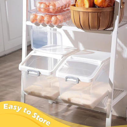 Sunnyray 4 Pcs Rice Storage Container 22 lb Airtight Flour Container with Wheels Measuring Cup Clear Pet Food Cube Dog Cat Birds Food Bin Grain Cereal Organizer Box for Dry Baking Supplies(White Lid)