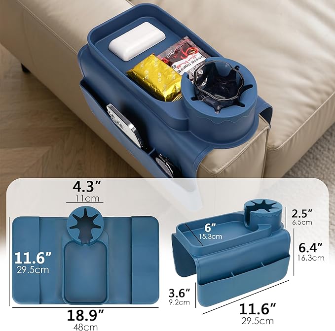 Silicone Couch Caddy for Wide Arms (6-12") with Cup Holder & Deep Sofa Remote Pockets - Anti-Slip Couch Arm Tray Table for Drinks, Phone, Snacks - Living Room Organizer (Blue)