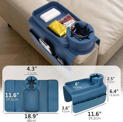 Silicone Couch Caddy for Wide Arms (6-12") with Cup Holder & Deep Sofa Remote Pockets - Anti-Slip Couch Arm Tray Table for Drinks, Phone, Snacks - Living Room Organizer (Blue)