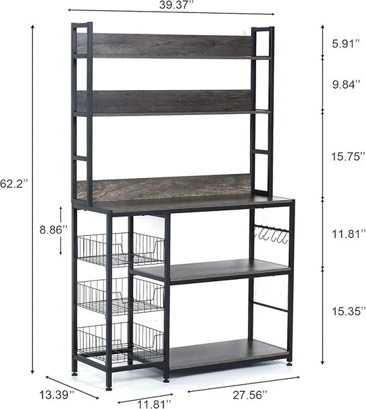 Chnnmbrn Kitchen Bakers Rack with Baskets,Free Standing Shelf,5-Tier Kitchen Utility Storage Shelf with Hooks, Microwave Oven Stand Rack Grey