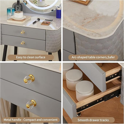 Makeup Vanity with Round Mirror,Light,Two Drawers,Cushioned Stool Set.Small Dressing Table for bedrooms and Dressing Rooms.Grey
