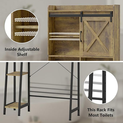 Farmhouse Storage Cabinet Over Toilet with Sliding Door & Toilet Paper Holder Stand, Space-Saving Bathroom Rack