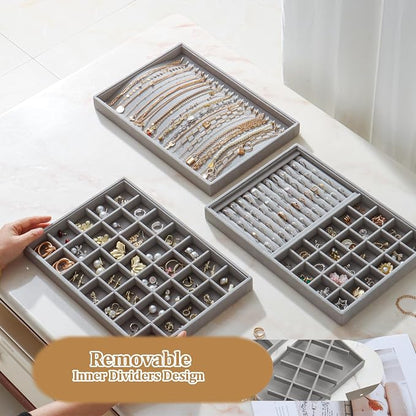 Large Velvet Jewelry Tray 2 Pack Stackable Jewelry Display Drawer Inserts Trays Organizer for Earring Bracelet Necklace Ring (Gray, 35 Grids)