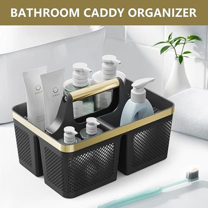 Shower Caddy Dorm Men: Plastic Bathroom Caddy Organizer with Handle and Holes, Bath Caddy for College Dorm, Portable Shower Basket Tote for Toiletry, Travel, GYM, Camp Essentials Black/Gold