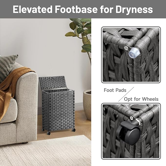 Toilet Paper Storage Basket with Lid and Wheels, Rattan Toilet Paper Holder Storage, Toilet Paper Organizer for Bathroom, Bedroom, Kitchen, 12.6”L x 7.1”W x 17.14”H, Grey