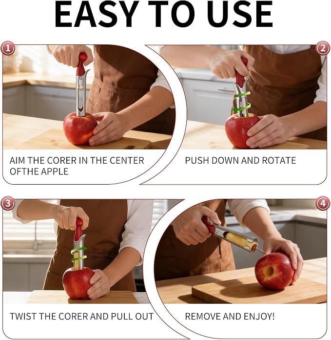 Apple Corer Tool, Apple Core Remover with Ergonomics Handle,Red | Stainless Steel Corer,Sharp Serrated Blades,Hand wash/Dishwasher