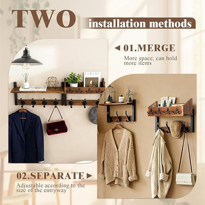 ZOCONE 29" Wood Coat Rack Wall Mount with Shelf, Separable Coat and Key Holder Wall Mount, Entryway Coat Rack with Carbon Steel Fixing Rod for Greater Load-Bearing and Stability, Living Room,Bedroom