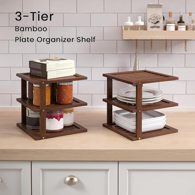 4 Pack Bamboo Corner Shelf,3 Tier Kitchen Cabinet Organizer for Plates and Dishes,Pantry Storage and Spice Rack（Brown）