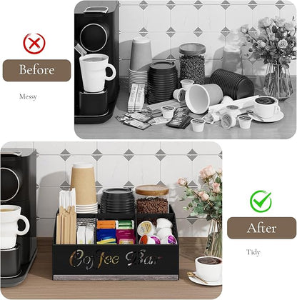 Coffee Bar Organizer for Countertop, Wooden Counter Station Organizer with Metal Mesh Basket, Coffee Bar Accessories Decor for Pods Condiment Syrup Tea Sugar, Gray