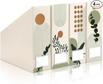 AmazingSpark Set of 4 Boho Plant Magazine Holder Decorative Foldable Magazine Storage Boxes with Acrylic Label Holders Coquettish Boho Organizer for Office Home Organization Storage
