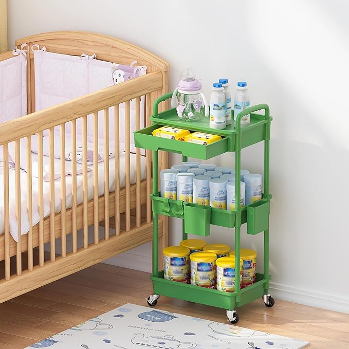 LLMRR 3 Tier Rolling Utility Cart with Drawer, Plastic Storage Organizer Rolling Carts with Wheels Handles Hanging Cups Hooks for Office, Bathroom, Kitchen,Craft Art Room (Green)