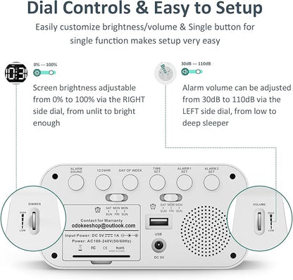 Digital Dual Alarm Clock for Bedroom, Easy to Set, 0-100% Dimmer, USB Charger, 5 Sound Adjustable Volume, Weekday/Weekend Mode, Snooze, 12/24Hr, Battery Backup, Compact Clock for Bedside(White)