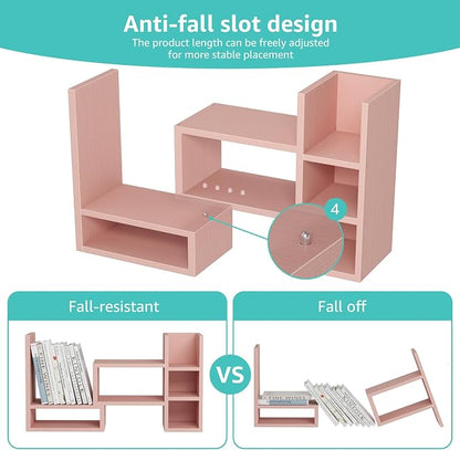 NUTIKAS Desk Shelves Desktop Organizer Shlef - Pink Office Organization for Top of Desk Organizers and Accessories Corner Bookshelf Table Top Shelving Small Hutch Decorations for Office