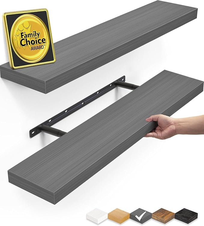 BAYKA Floating Shelves Set of 2, 22.5 inches Rustic Wood Wall Mounted Shelves for Bathroom, Bedroom, Living Room, Kitchen, Hanging Shelf for Books/Storage/Decor,Grey