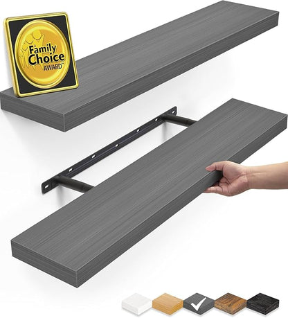 BAYKA Floating Shelves Set of 2, 22.5 inches Rustic Wood Wall Mounted Shelves for Bathroom, Bedroom, Living Room, Kitchen, Hanging Shelf for Books/Storage/Decor,Grey