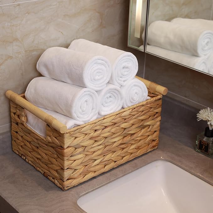 BSTNASI Large Rectangular Wicker Basket With Built-in Wooden Handles, Water Hyacinth Woven Basket for Organizing, Utility Shelves, Towel Storage Basket