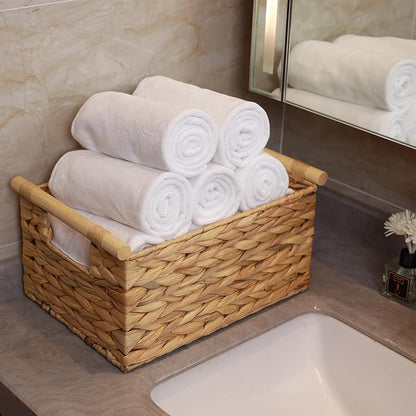 BSTNASI Large Rectangular Wicker Basket With Built-in Wooden Handles, Water Hyacinth Woven Basket for Organizing, Utility Shelves, Towel Storage Basket
