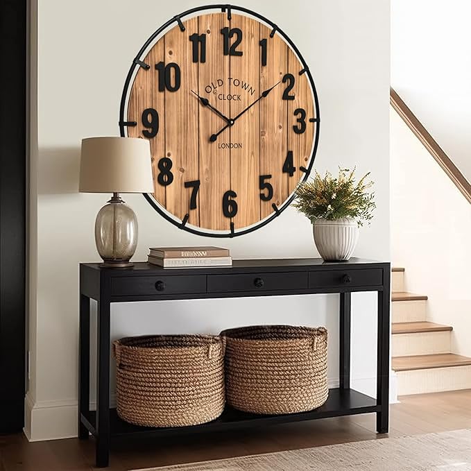 MICWIC 30 Inch Farmhouse Wall Clock Large Old Town Vintage Rustic Wooden Clock with Metal Rim and Large Numerals, Silent Battery-Operated for Office, Kitchen, Bedroom, and Living Room