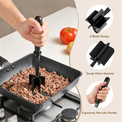 Meat Masher, Ground Beef Chopper Tool with 5 Curve Blades & Ergonomic Non-Slip Handle, Nylon Hamburger Smasher Tool Heat Resistant Non Stick(Black)