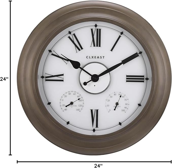 CLXEAST Illuminated Outdoor Clocks Waterproof 24 Inch with Smart Sensor, Large Metal Wall Clocks with Temperature and Humidity for Living Room Decor,Garden Patio,Grey Oak/Faux Barnwood Finish