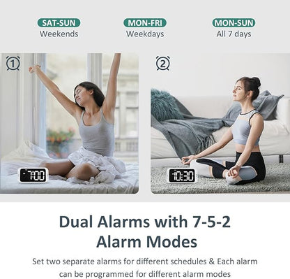 Digital Dual Alarm Clock for Bedroom, Easy to Set, 0-100% Dimmer, USB Charger, 5 Sound Adjustable Volume, Weekday/Weekend Mode, Snooze, 12/24Hr, Battery Backup, Compact Clock for Bedside(White)