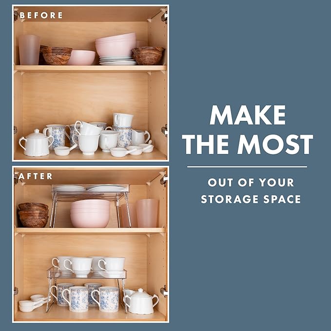Masirs Clear Stackable Shelf, Easily Organize Your Kitchen Counter and Cabinet Shelves While Creating Extra Storage Space with This Foldable Translucent Plastic Shelf, (2-Pack)