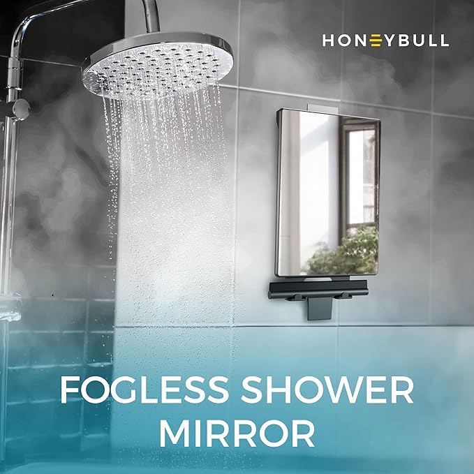 HONEYBULL Fogless Shower Mirror for Shaving – Anti Fog Mirror for Shower with Water Tank, Adhesive Hook Mount, Bonus Razor Holder & Squeegee – for Men and Women, Small Bathroom Accessory (Black)