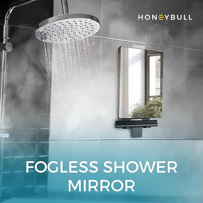 HONEYBULL Fogless Shower Mirror for Shaving – Anti Fog Mirror for Shower with Water Tank, Adhesive Hook Mount, Bonus Razor Holder & Squeegee – for Men and Women, Small Bathroom Accessory (Black)