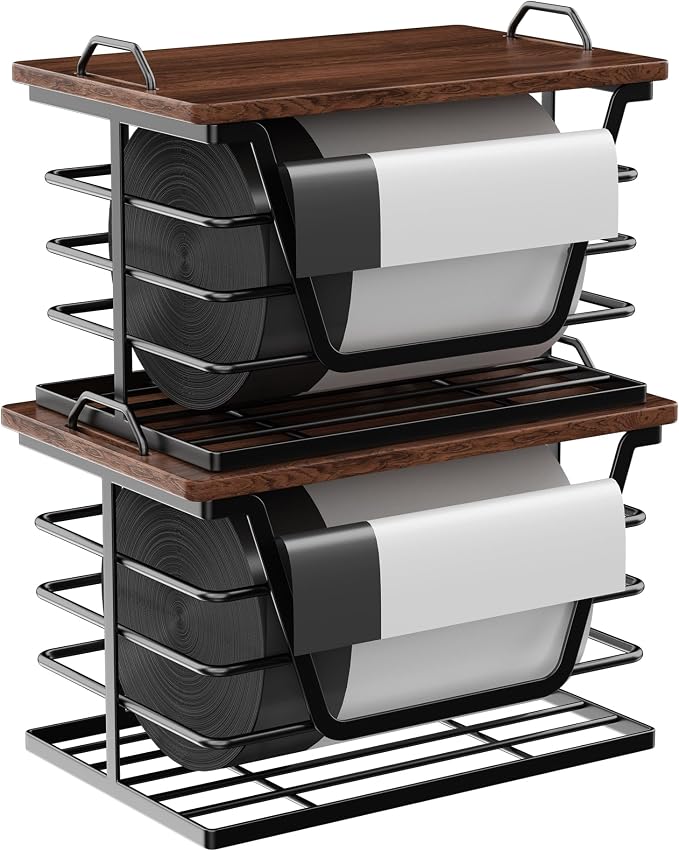 2 Pack Stackable Trash Bag Holders with Wood Top, Large & Small Garbage Bag Dispenser for Kitchen, Pantry, Laundry Room Organization, Wall Mount or Countertop Use, Black
