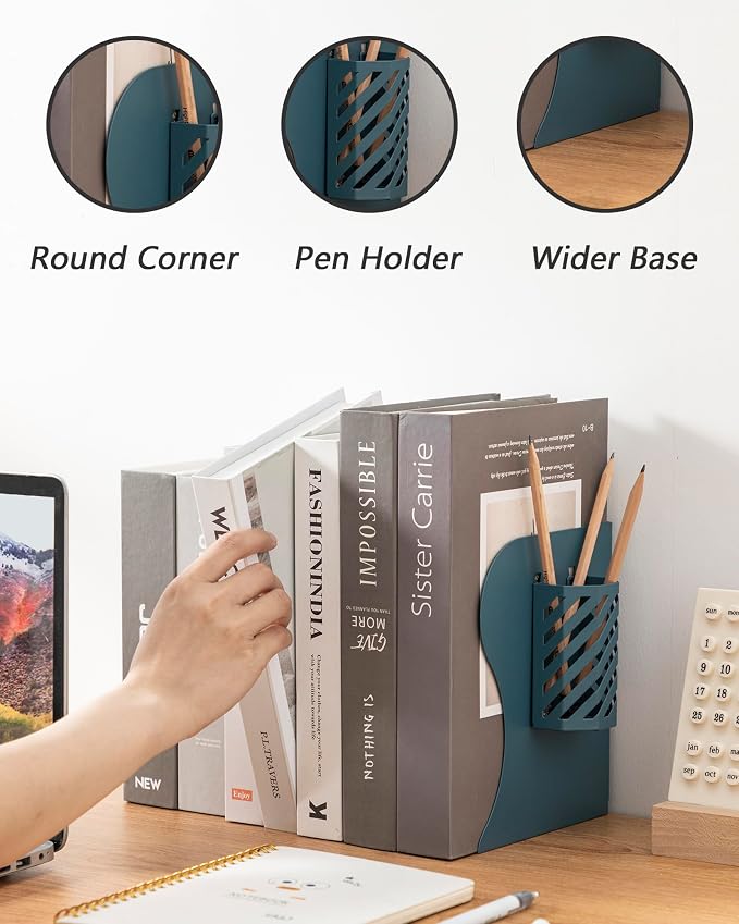 Kingsmile Book Ends, Adjustable Heavy Duty Metal Book Stoppers with Pen Holder for Desk Office Library Kids Room(Blue)