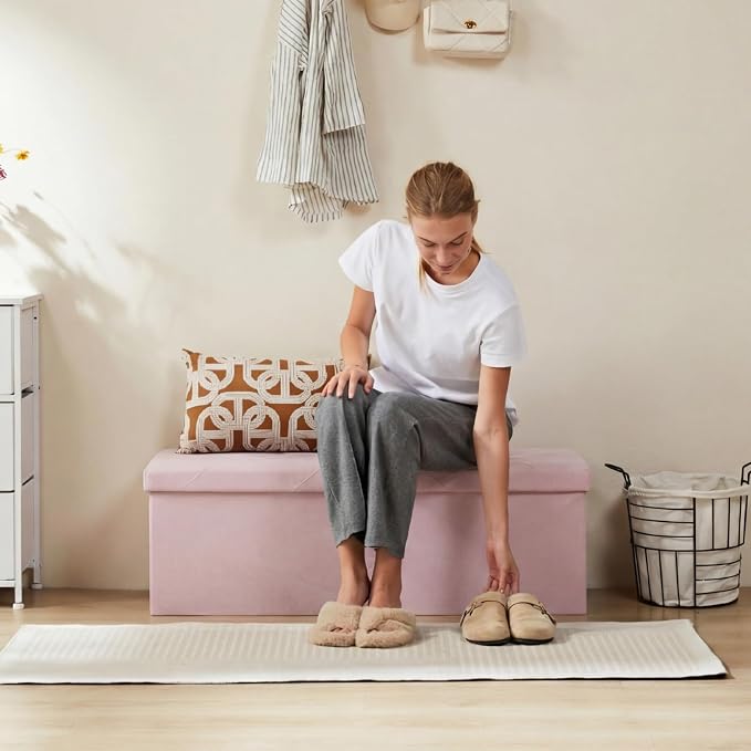 Sweetcrispy 43 Inch Folding Storage Ottoman Bench, Large Hidden Storage Chest with Padded Seat, Foot Rest Stool Supports Up to 660Lbs, End of Bed Bench for Bedroom, Living Room, Linen Fabric, Pink