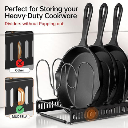 MUDEELA Pot and Pan Organizer Rack for under Cabinet, Expandable 11.81''-22.85'' Pot Lid Kitchen Cabinet Organizer Holder with 12 Adjustable Compartment Cutting Board Organizer for Pan Lid, Bakeware