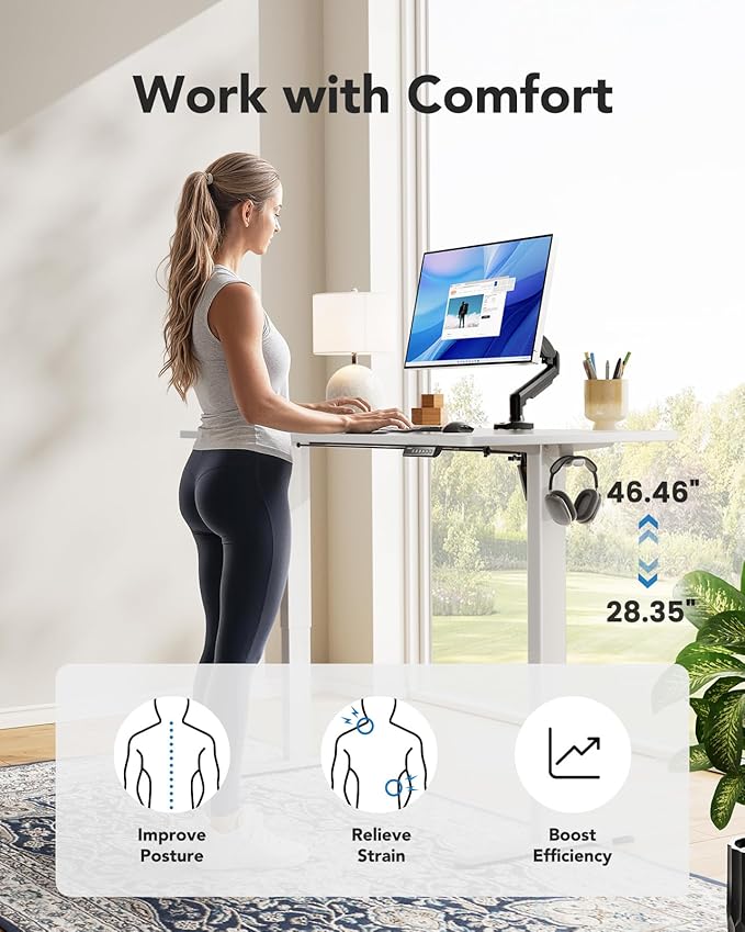 HUANUO Electric Standing Desks, Whole Piece Desktop, Adjustable Height Computer Desk, 4 Height Memory Settings, Sit Stand Up Desk for Home Office, 48" x 30", White