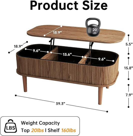 Fluted Lift Top Coffee Table with Hidden Storage, Oval Coffee Table with Lifting Top, Mid Century Modern Design for Living Room, Office & Small Spaces, Walnut