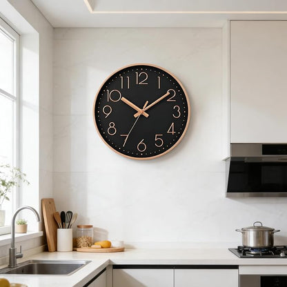DAXSMY Wall Clock - 10 Inch Silent Non-Ticking Modern 3D Wall Clocks Battery Operated - Decorative Clock for Kitchen, Home Office, Bathroom, Bedroom(Black)