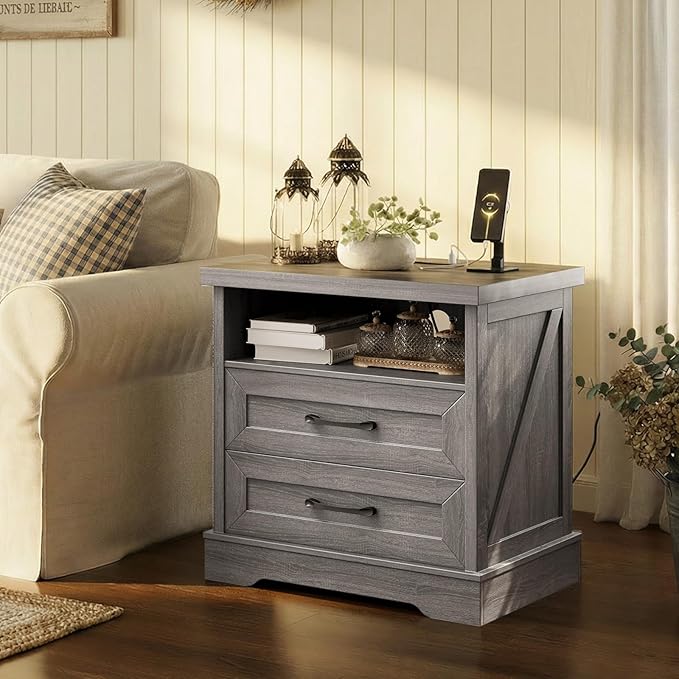 AODK Farmhouse Nightstand with Charging Station, 24 Inch Large Bedside Table with 2 Drawers, Rustic Wood End Table with Outlet and USB for Bedroom, Oak Grey