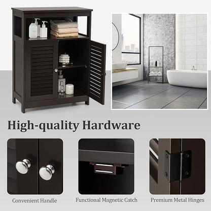 Tangkula Bathroom Floor Cabinet, Wooden Freestanding Storage Cabinet with Double Shutter Door & Adjustable Shelf, Storage Cabinet for Bathroom Living Room (Brown)