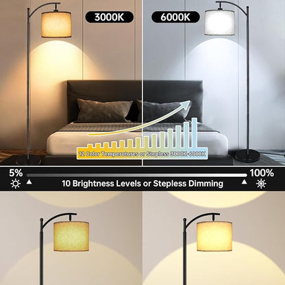 2025 LED Floor Lamps for Living Room, 12W 1200LM Modern Arc Floor Lamp with Remote & Adjustable Linen Lampshade, 12 Color Temperature Stepless Dimmable Tall Standing Lamp for Bedroom Office Reading
