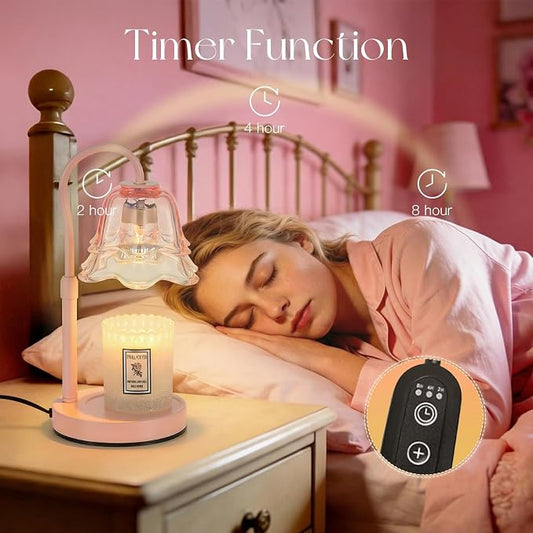 Candeldo Candle Warmer Lamp with Timer: Pink Flower Candle Warming Lamp with 2 Bulbs Height Adjustable Wax Warmer Dimmable Coquette Preppy Room Home Decor Mothers Day Gift for Women