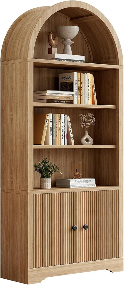 70" Arched Bookcase with Storage, 6 Tier Bookshelf with Door, Freestanding Display Storage Cabinet Farmhouse Storage Shelves for Living Room,Bedroom Home Office,Natural Oak