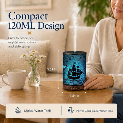 Essential Oil Diffuser 120ML Metal Aromatherapy Diffuser with Timer, Cool Mist Humidifier with Auto Shut-Off & 7 Color Lights for Home Office Spa (Sailing Ship)
