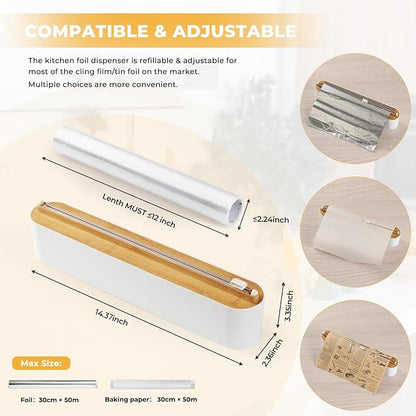 Magnetic Plastic Wrap Dispenser with Cutter - Practical Refillable Cling Wrap Aluminum Foil Dispenser with Slide Cutter, 12 Inch X 164 Feet Kitchen Food Cling Film Included, Bamboo-style