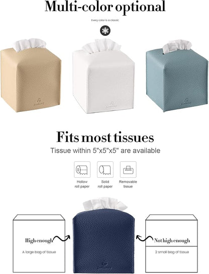 Tissue Box Cover, Jeethemy Square PU Leather Tissue Box Holder, Modern Tissue Case Facial Paper Organizer Dispenser，5X5X5'',Single Navy Blue